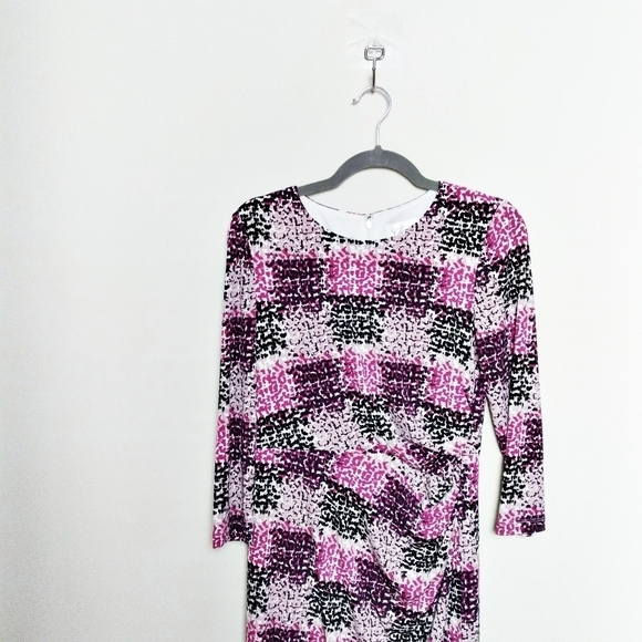 Eliza J Purple and Black Dotted Check Print Quarter Sleeve Gathered Dress - Picture 3 of 9